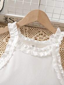 SHEIN Girls' White Ribbed Camisole - French Cottagecore, Ruffle Trim, Slim & Versatile For Daily/Vacation - White - View 4
