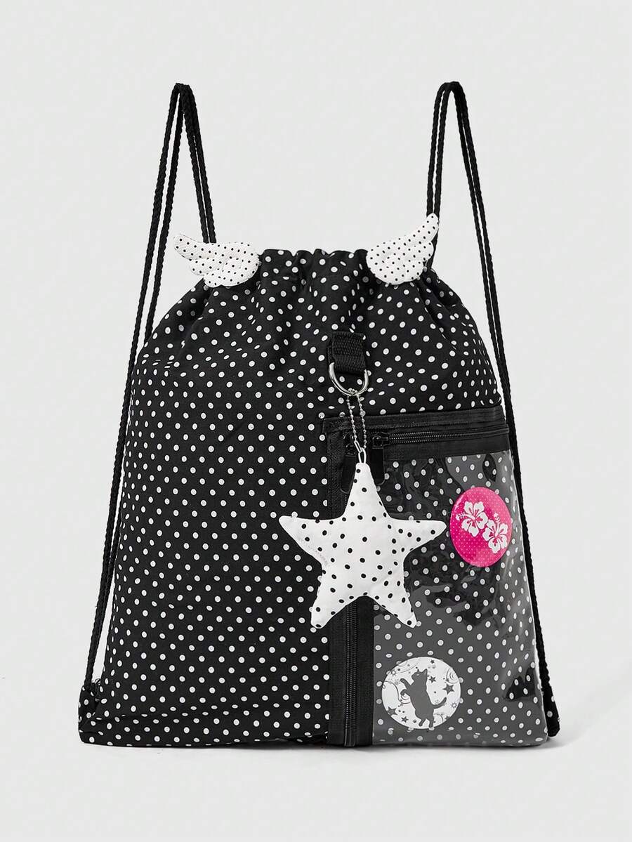 ROMWE Anime Mochila simple negra con lunares y cuerda para tirar, decoración de insignia de ala de estrella en el lateral con bolsillo de cremallera transparente, adecuada para ir a la escuela y desplazarse - Estrella de lunares - Ver 1