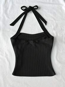 SHEIN Tween Girl Black Summer Basic Vacation Knit Textured Jacquard Halter Cinched Waist Fitted Camisole,Spring/Summer Party,Date,Valentine's Day,Easter - Black - View 2