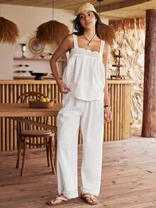 Lullawish Women's Hollow Out Embroidery Camisole And Pants Pajama Set - White - View 3