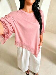 Rustia Plus Size Women's Contrast Lace Drop Shoulder Asymmetrical Hem T-Shirt - Pink - View 3