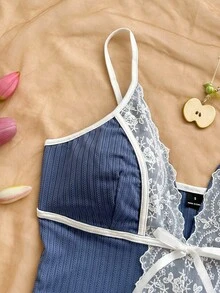 Soleia Women's Colorblock Lace Patchwork Camisole & Shorts 2 Pieces Set - Navy Blue - View 4