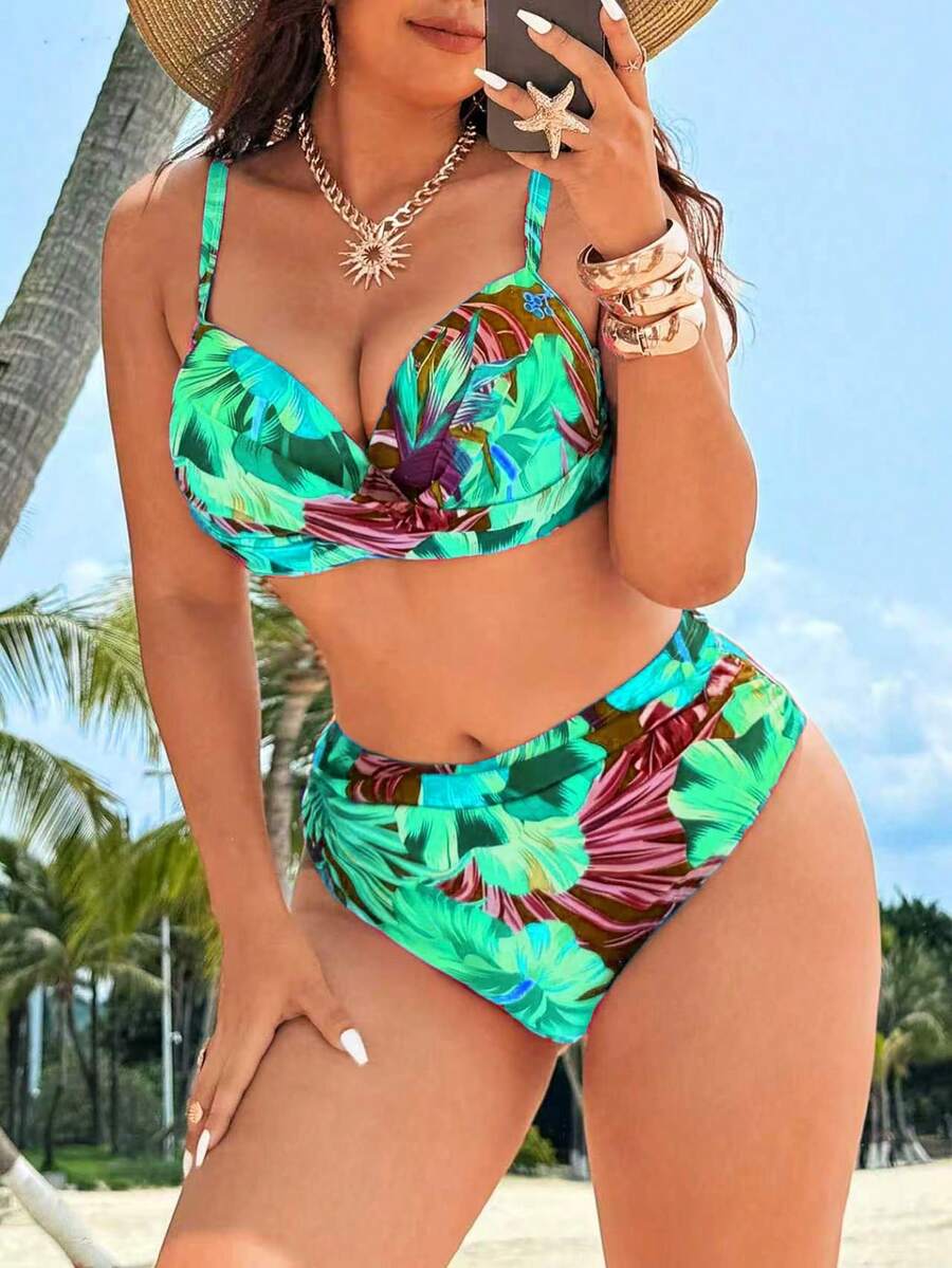 Swim Lushoire Plus Size Women 2-Piece Bikini Set Set, Random Tropical Leaf & Floral Print, 2026 New Hot-Selling, Hard Cup Molded Cup Underwire Push-Up, Fashion Vacation Daily Minimalist Casual, Adjustable Thick Shoulder Straps, High Waist Ruched Triangle Bottoms, Separate Bikini Set - Cadet Blue - View 1