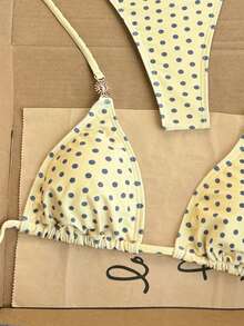 Swim Vcay Bikini sexy para mujer primavera/verano 2026, copa triangular con cuello halter, estampado de lunares amarillos con decoración de girasol, estilo dulce y lindo, diseño fruncido con cordón, corte alto, adecuado para playa, y piscina - Multicolor - Ver 5
