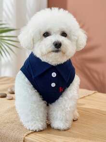 PETSIN 1件 春夏寵物素色刺繡短袖POLO衫背心上衣 - 藏蓝色 - 查看 3