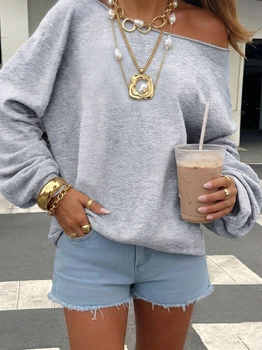 SHEIN EZwear 女款休閒淺灰色不對稱肩鬆身長袖運動衫,33%棉,適合秋季早午餐、夏冬反季穿搭 - 灰色 - 查看 1