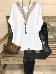 Parysyn Plus Size Women's Vintage V-Neck Floral Print Dolman Sleeve Blouse - White - View 1