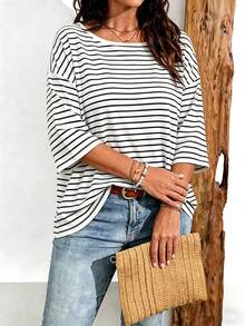 Breezaya Kaos Wanita Ukuran Besar Kasual Retro Motif Garis-garis Model Bahu Longgar, Cocok untuk Dipakai di Musim Panas - MultiWarna - View 4