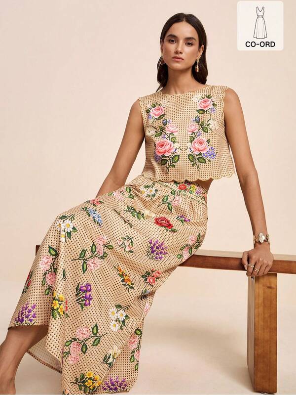 LOTSLUV Women's Spring Vacation Elegant Apricot Hollow-Out Faux Embroidery, Colorful Floral Placement Print, Loose Sleeveless Wavy Embroidery Top And Skirt 2-Piece Set