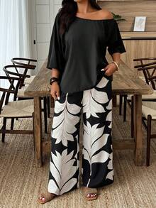Weeklong Women's Plus Size Spring/Autumn Casual Vacation Solid Color Top & Dual-Color Leaf Print Pants 2-Piece Set, Suitable For Daily Wear And Vacation Fall - Multicolor - View 5