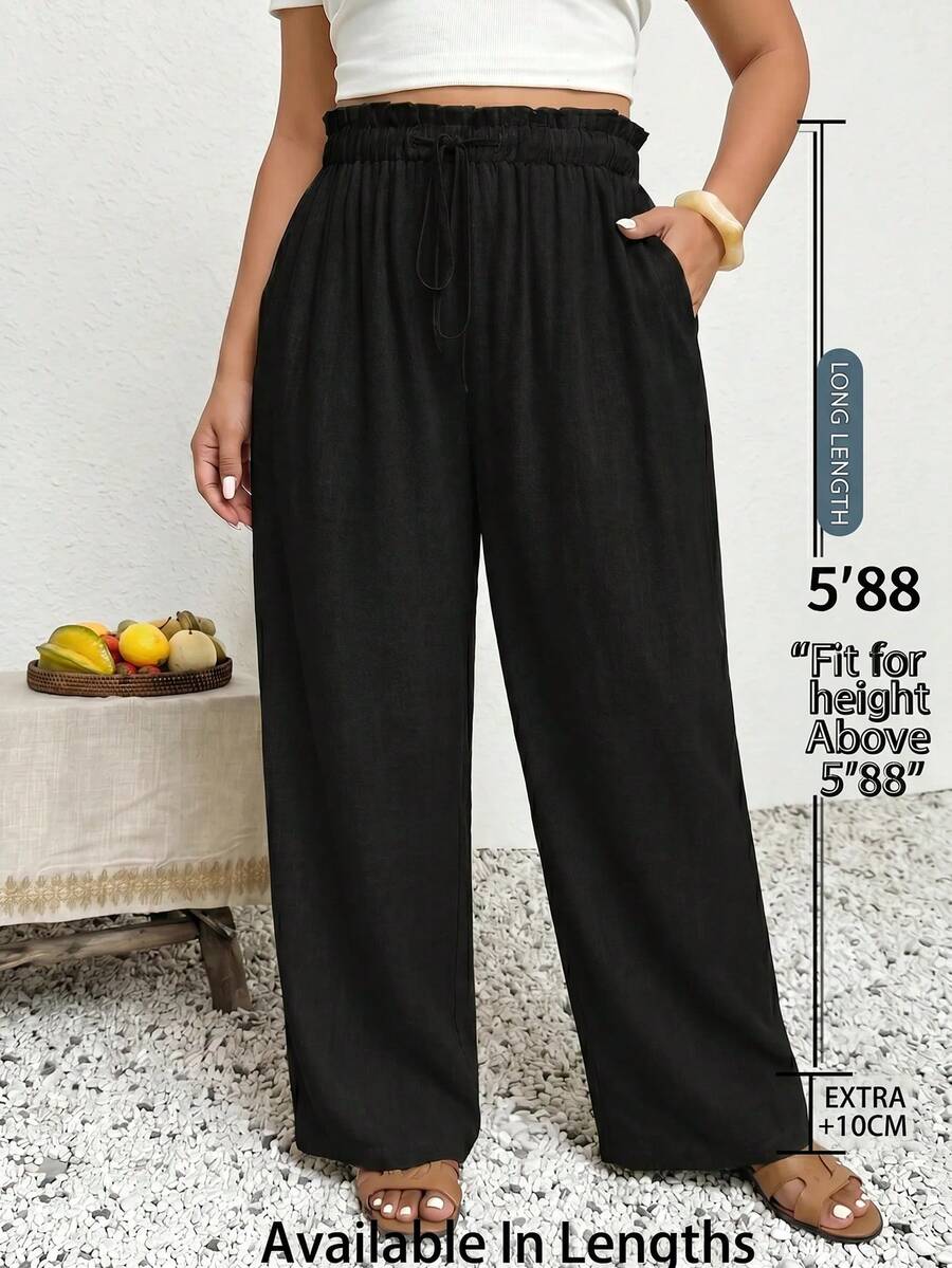 SHEIN Tall CURVE 大码女式纯色荷叶边腰带休闲裤 - 黑色 - 查看 1
