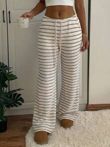 CovetEZ Women's Striped Tie-Waist Flare Leg Pants - Khaki - View 4