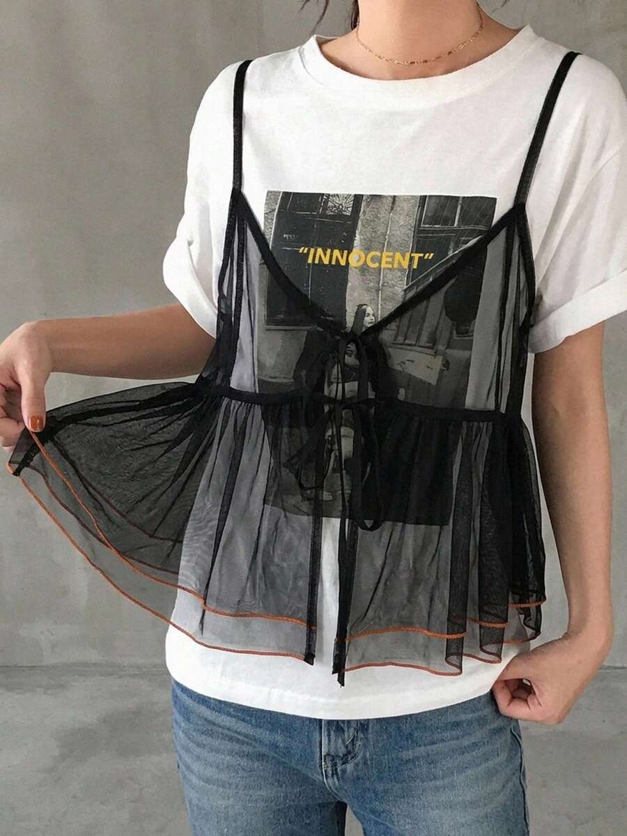 FRIFUL Top de tirantes de malla con cordones para mujer, efecto adelgazante, con volantes fruncidos y cordones para el verano - Negro - Ver 1
