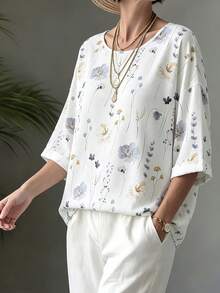 SHEIN Holidaya Women's Floral Print Round Neck 3/4 Sleeve Loose Casual Boho T-Shirt Vacation White Floral Summer - White - View 3