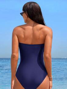 Swim Lushoire Traje de baño de una pieza tipo bandeau ajustado con fruncido de unicolor para mujer - Azul Marino - Ver 2