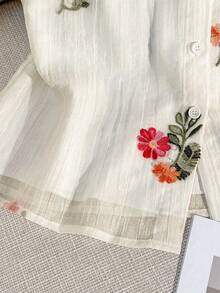 SHEIN 杏色纹理面料彩色刺绣短袖衬衫，杏色女式衬衫，假日装，节日装，女士度假上衣，刺绣衬衫 - 白色 - 查看 7