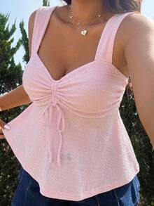 Muchica Plus Size Women Solid Color Pleated Casual Versatile Daily Outing Blouse - Baby Pink - View 4