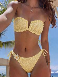 SHEIN Swim Spring/Summer Women's Bikini Set, Cream Yellow Textured Fabric, 3D Floral Design, Sweet And Cute, Suitable For Photos, Swimming, Travel, Hot Springs, Beach, Seaside, Sunbathing, Fashion - Yellow - View 2