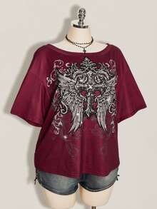 SHEIN ICON Women's Plus Size Cross Gothic Pattern T-Shirt - Burgundy - View 5