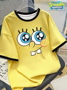 SpongeBob SquarePants | SHEIN Manfinity Joysei Áo thun nam cổ tròn in hình hoạt hình, phối nhiều mảnh vải. - Màu vàng - Xem 1