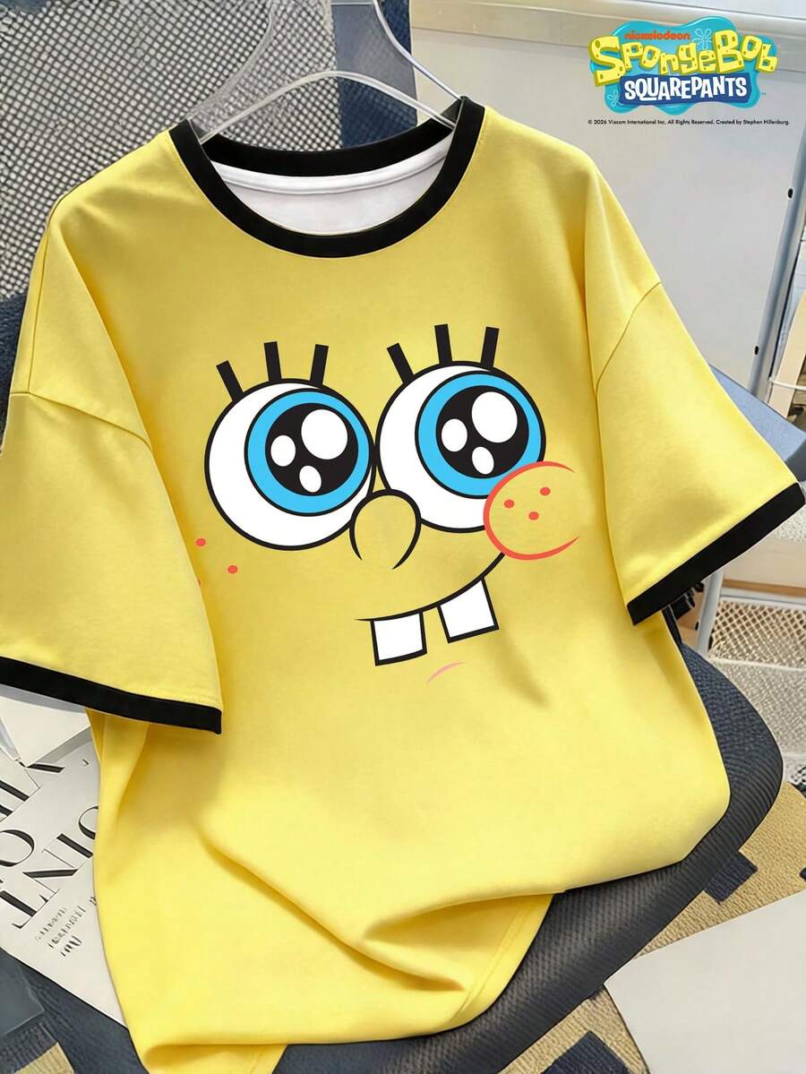 SpongeBob SquarePants | SHEIN Manfinity Joysei Áo thun nam cổ tròn in hình hoạt hình, phối nhiều mảnh vải. - Màu vàng - Xem 1