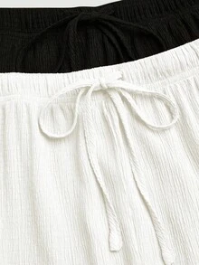 Sweetra Conjunto de 2 piezas de pantalones largos para mujer talla grande, negro + amarillo, tela texturizada con efecto burbuja y arrugas, sin elasticidad, versátil para el día a día, elegante minimalista casual, cintura ceñida, pantalones deportivos casuales de pierna ancha recta que estilizan, para uso diario - Blanco y Negro - Ver 13