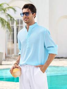 Mercer Haus Men Half Placket Stand Collar Linen Long Sleeve Shirt,Lightweight Breathable Loose Casual.Summer Vacation,Party,Office Daily Wear.Gift For Men. - Cadet Blue - View 5
