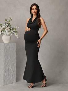 Momance Gaun Hamil Model Mermaid dengan Kerah Model Cowl Neck Halter dan Pita di Bagian Belakang, Tanpa Punggung, dan Pinggang Berkerut, Pas Badan, untuk Pemotretan, Musim Dingin, Elegan untuk Ibu Hamil - Hitam - View 7