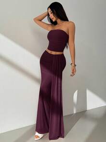 SHEIN PETITE 無肩帶網紗上衣與低腰裙套裝 - 紫紅色 - 查看 6