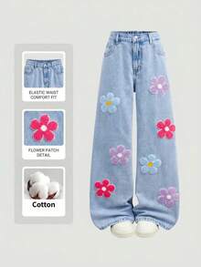 Girlism 青少年女孩時尚休閒 Y2K 復古酷街頭可愛彩色立體毛巾刺繡花卉圖案藍色寬鬆牛仔褲，適合日常穿著、春夏季 Rave 音樂節與街頭穿搭 - 藍色 - 查看 1
