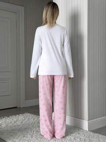 SHEIN 女士纯棉白色圆领长袖睡衣上衣搭配蝴蝶结条纹长裤家居服舒适休闲睡衣套装 - 白色 - 查看 2