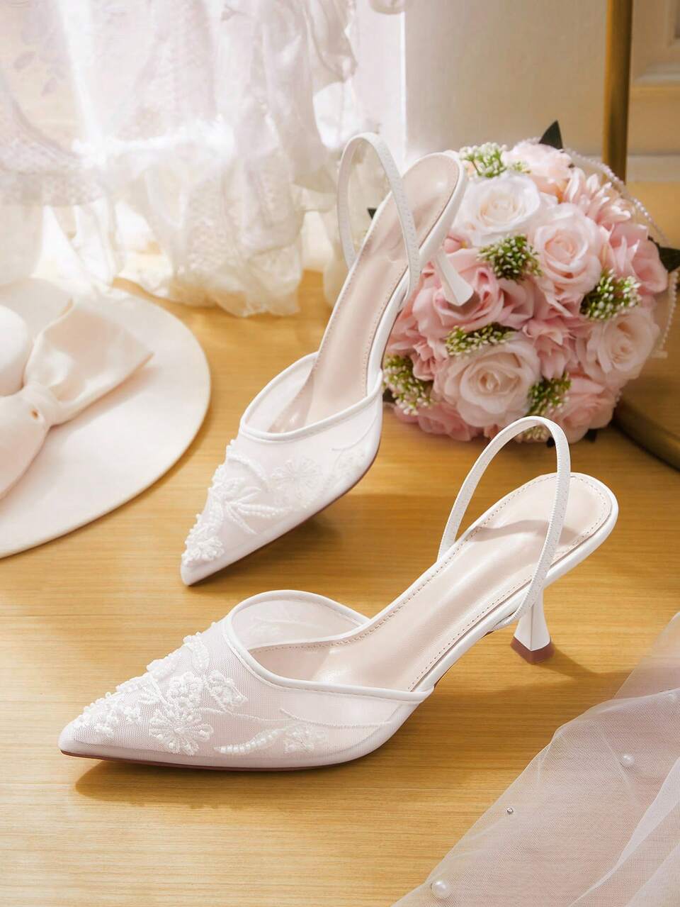 CUCCOO HITCHD Women's New Embroidered Lace Pointed Toe Elegant White Mesh High Heels, Bridal Shoes For Romantic Date, Wedding, Banquet Summer Shoes