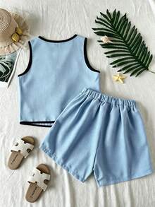 SHEIN ChillGRL Teen Girls Summer Fashion Versatile Sweet Style Sleeveless Tank Top & Shorts 2-Piece Set, Round Neck Cardigan With Bow & Button Decor, Woven Fabric Soft & Comfortable, Elegant Sweet Choice For Party & Birthday - Multicolor - View 3
