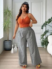 SHEIN EZwear 大码女式休闲度假通勤格子印花高腰宽松阔腿裤 - 黑與白 - 查看 6