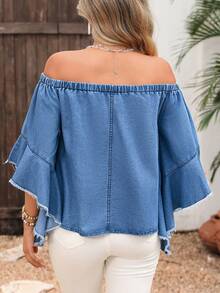 Breezaya Women's Off-Shoulder Frayed Hem Casual Versatile Everyday Denim Top - Blue - View 2