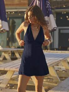 Aralina 女款純色深V領性感掛脖迷你洋裝，度假穿搭 - 藏蓝色 - 查看 4