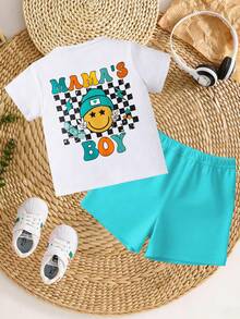 SHEIN 1套男嬰街頭休閒時尚趣味臉孔圖案印花上衣搭配純色短褲「MAMA'S BOY」口號T恤套裝，適合夏季外出 - 彩色 - 查看 2