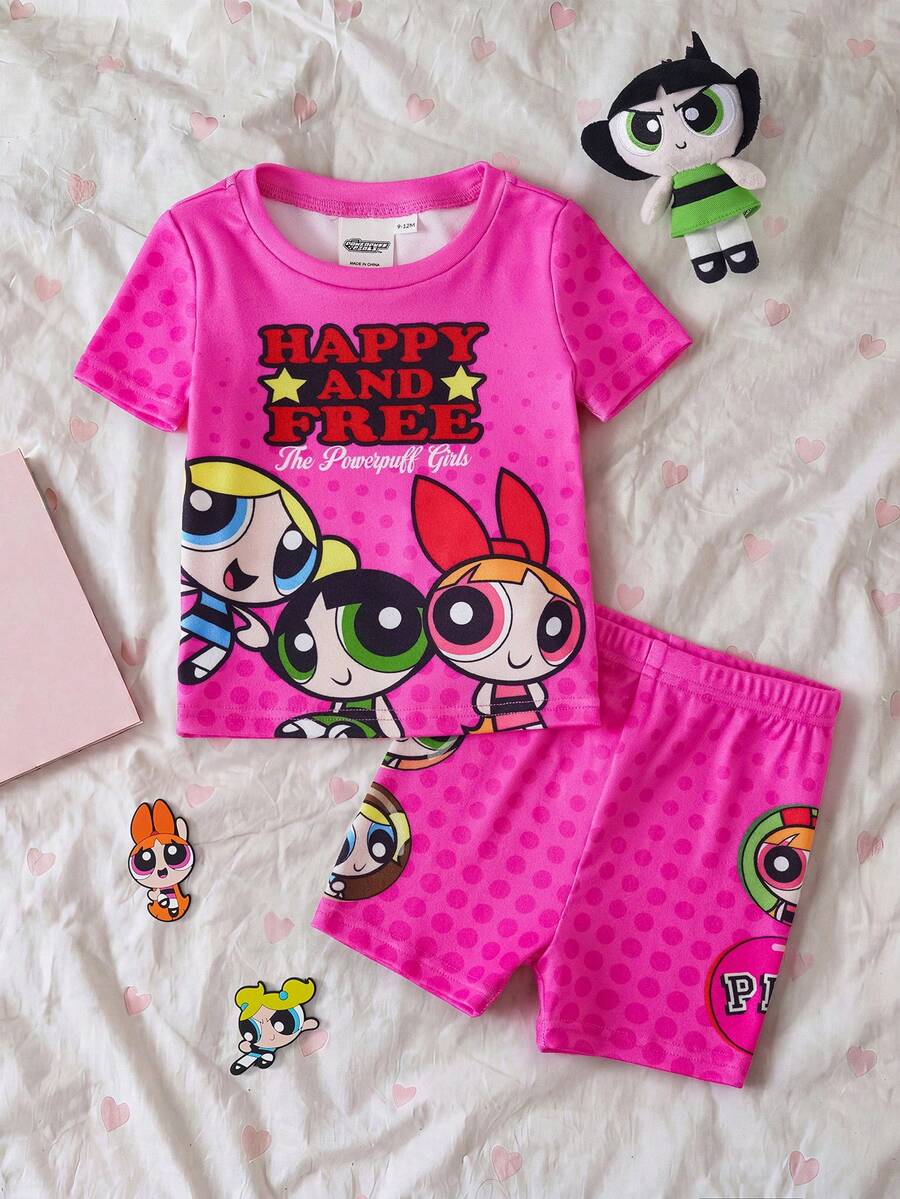 THE POWERPUFF GIRLS X SHEIN 女嬰卡通圖案字母印花圓領短袖上衣與修身短褲居家服套裝 - 粉色 - 查看 1