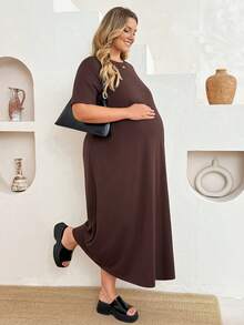 Plussiva Plus Size Maternity Solid Color Simple Round Neck Short Sleeve Loose Fit Dress - Brown - View 1