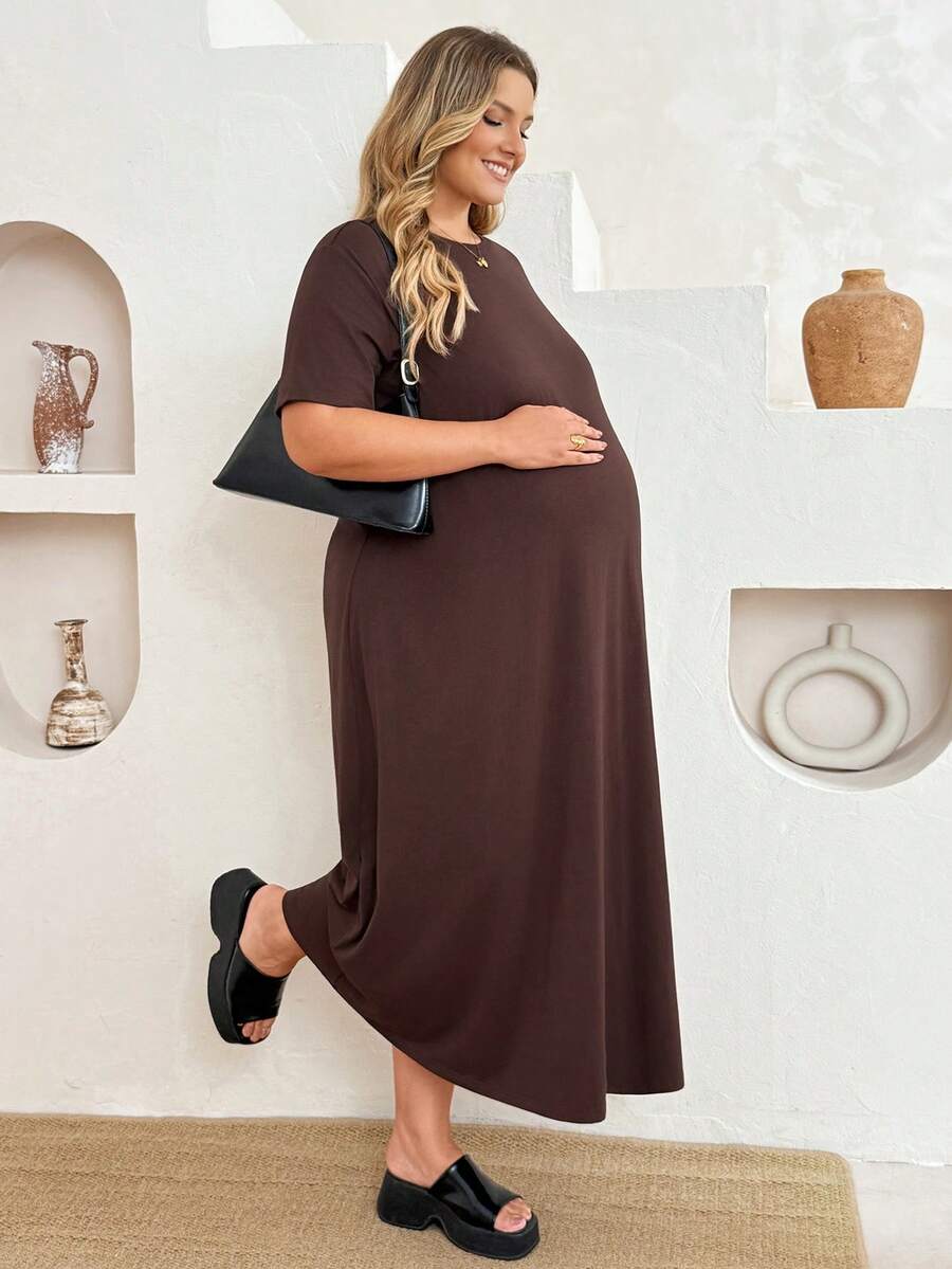 Plussiva Plus Size Maternity Solid Color Simple Round Neck Short Sleeve Loose Fit Dress - Brown - View 1
