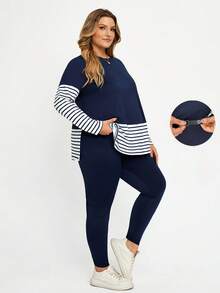 Plussiva Bộ đồ 2 món bầu size lớn gồm áo thun tay dài cổ tròn kẻ sọc và quần dài lưng điều chỉnh được phong cách thường ngày - Xanh và trắng - Xem 9