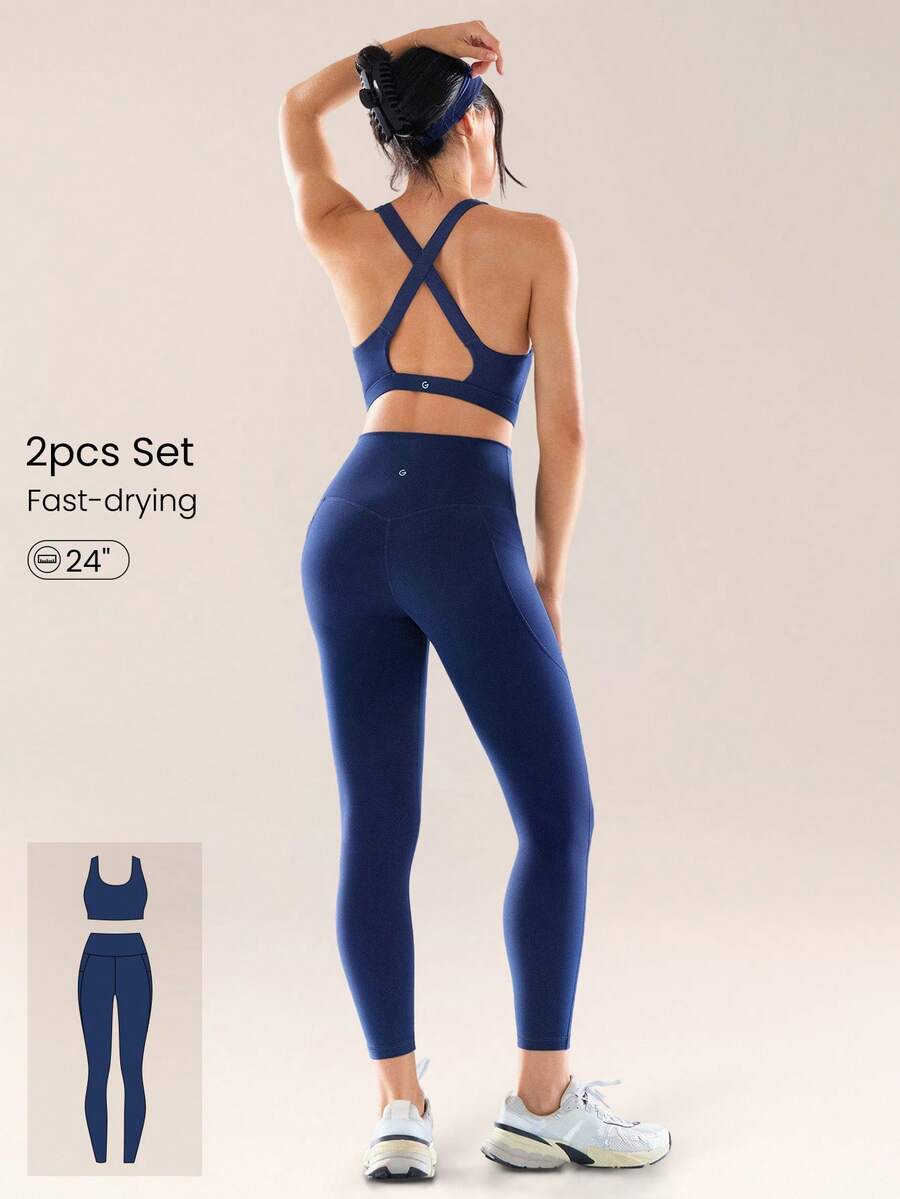 GLOWMODE 2 Pieces Powersculpt™ Sweat-Wicking Cool Feel Crisscross Back Wide Straps Sports Bra & 24" Leggings Set High Impact Workout Running Spring - Dark Blue - View 1