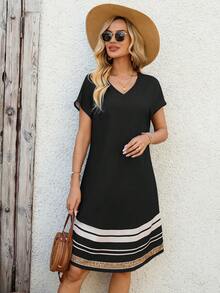 EMERY ROSE Women's Summer Short-Sleeved Dress With Geometric Pattern Print Casual - Black - View 6