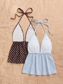 2 piezas Camiseta sin espalda con escote en V y estampado de leopardo sexy, adecuada para vacaciones, citas, té de la tarde, vacaciones, festivales de música, estilo bohemio - Multicolor - Ver 2