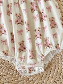 SHEIN LMoss Kids Bộ romper bé gái sơ sinh dễ thương mùa hè phong cách thường ngày họa tiết hoạt hình tay cánh dơi - Màu be - Xem 6