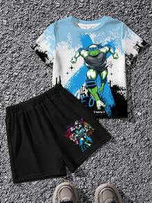 TEENAGE MUTANT NINJA TURTLES | SHEIN 小男孩對比色卡通印花T恤短褲套裝 - 白色 - 查看 1