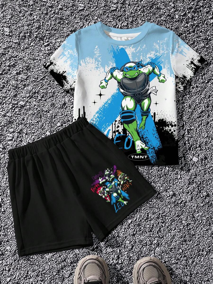 TEENAGE MUTANT NINJA TURTLES | SHEIN 小男孩對比色卡通印花T恤短褲套裝 - 白色 - 查看 1
