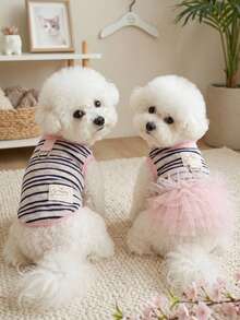PETSIN 1PC Breathable Sun Protection Pet Puff Dress, Korean INS Striped Couple Outfit For Small Dogs Cats Spring Summer - Navy Blue - View 3