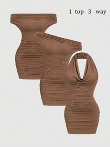 Selianne Vestido ajustado de punto acanalado con pliegues, diseño elegante de uso múltiple - Marrón - Ver 2