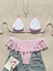 Swim Mod 2pcs Solid Color Minimalist Sexy Spaghetti Strap Halter Triangle Bikini Top And Wavy Edge Triangle Bikini Bottom Set - Pink - View 2